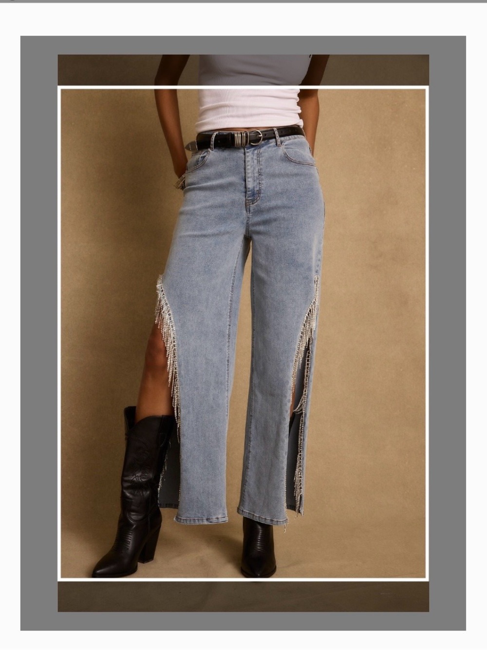 12th Tribe Light Blue Denim Wide-Leg Jeans with Fringe Side Slits